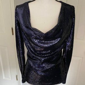 Ramy Brook Ash Sequin Long Sleeve Top Navy Blue